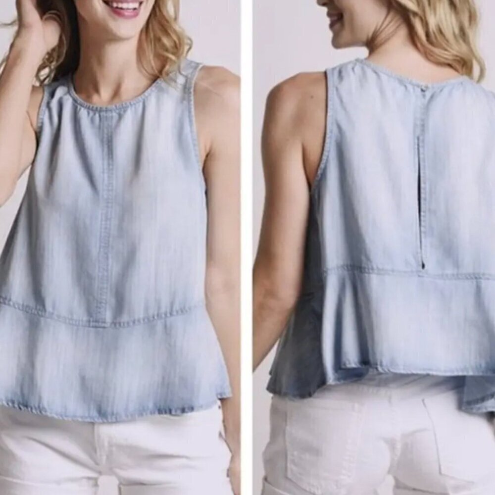 Cloth & Stone Blue Chambray Denim Open Back Peplum Sleeveless Tank Top Size Med